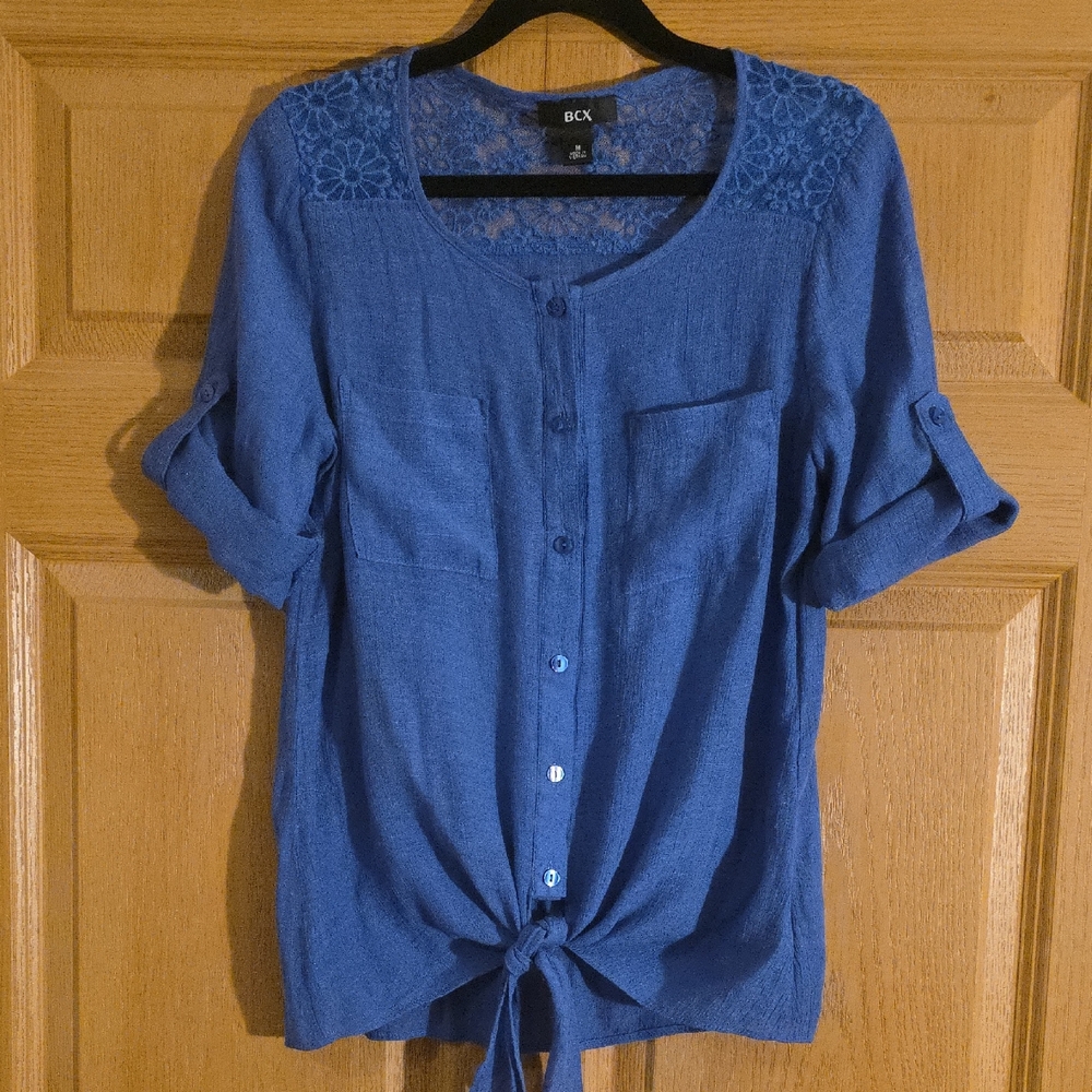 BCX Women's Blue Button-Down Shirt with Lace